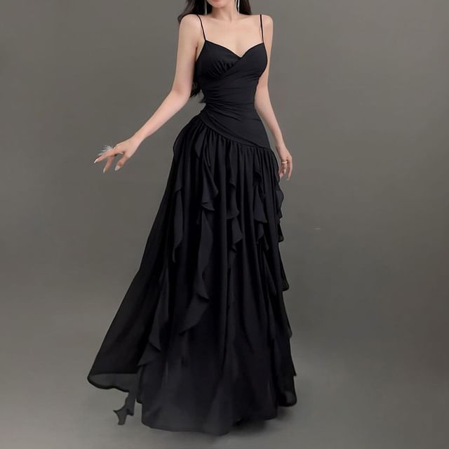 V-Neck Spaghetti Strap Solid Ruffle Ruched Wrap A-Line Maxi Dress