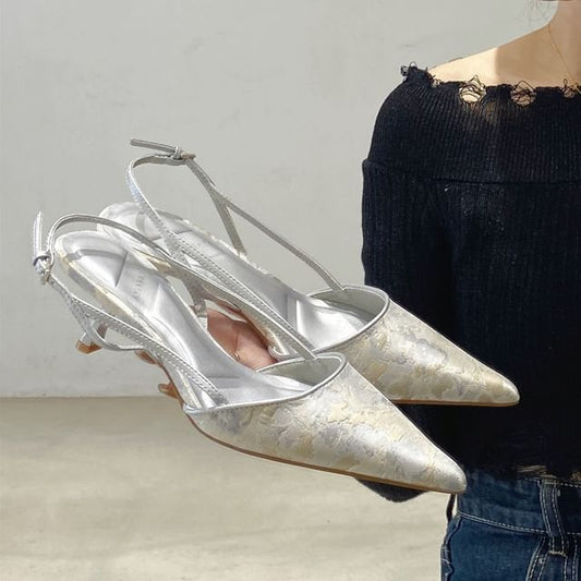 Kitten Heel Jacquard Slingback Toe Pointed Pumps