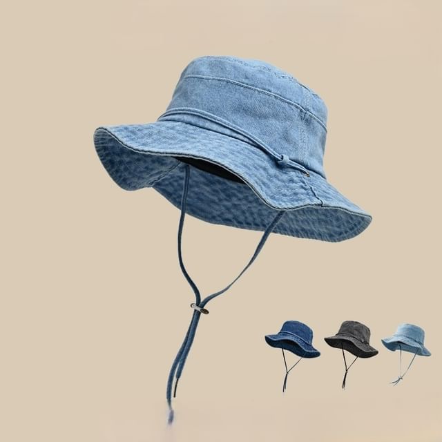 Strap Bucket Hat Chin Denim Adjustable With
