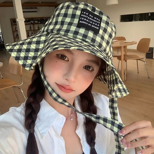 Checkered With Strap Cotton Hat Bucket Chin
