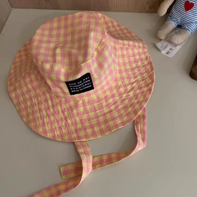 Checkered With Strap Cotton Hat Bucket Chin