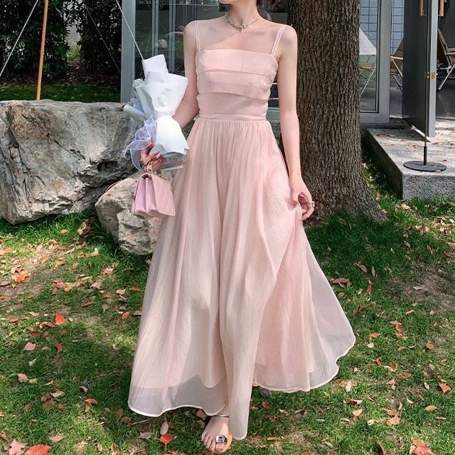 A-Line Plain Maxi Dress Neck Square Spaghetti Strap