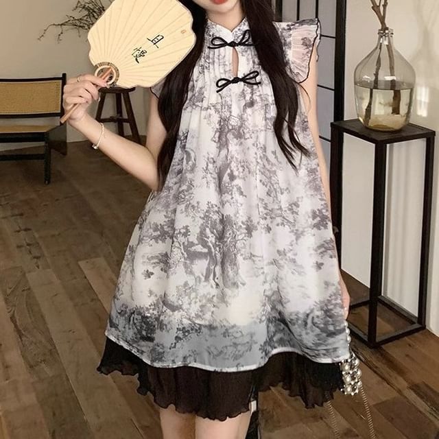 Print Cap-Sleeve Sheer A-Line Dress Mini