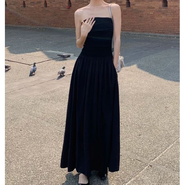 Square Neck Spaghetti Strap Solid Crinkle Open Back A-Line Maxi Dress