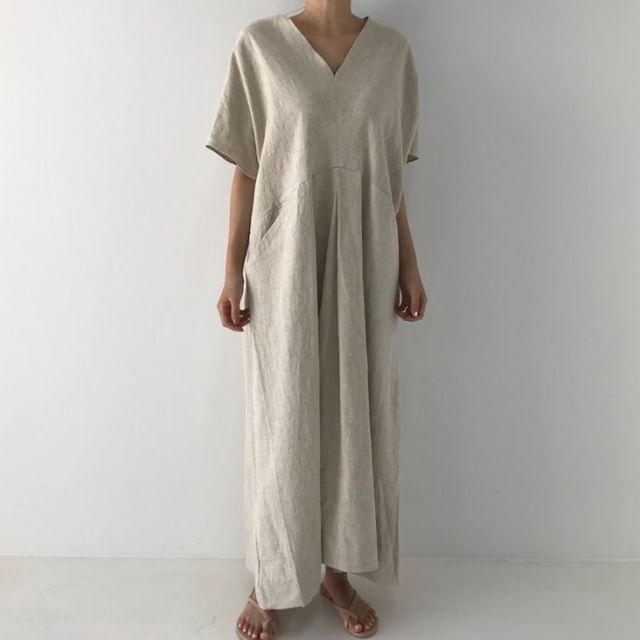 V-Neck Short-Sleeve Solid Sundress Maxi