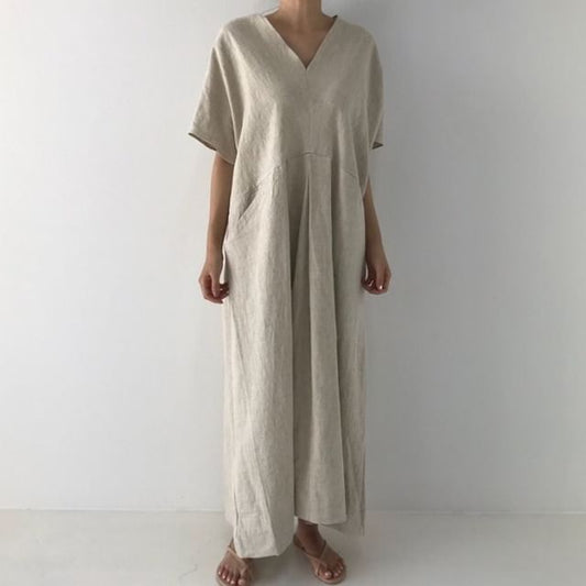 V-Neck Short-Sleeve Solid Sundress Maxi