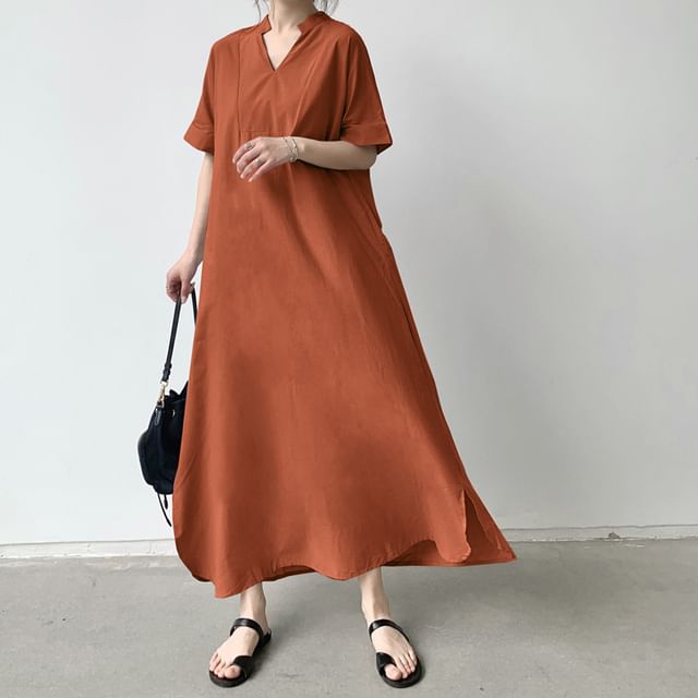 V-Neck Short-Sleeve Solid Slit A-Line Maxi Dress