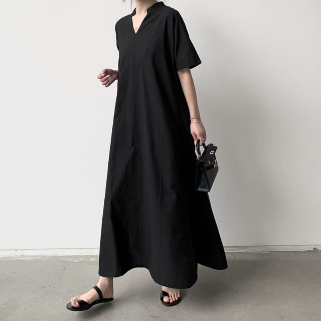 V-Neck Short-Sleeve Solid Slit A-Line Maxi Dress