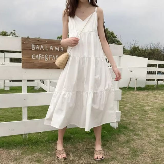 Thin Strap Solid Layered Midi A-Line Dress