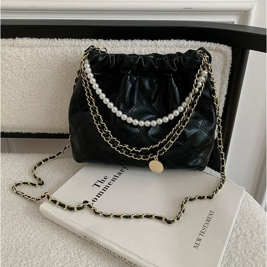 Crossbody Pearl Chain Quilted Bag Faux