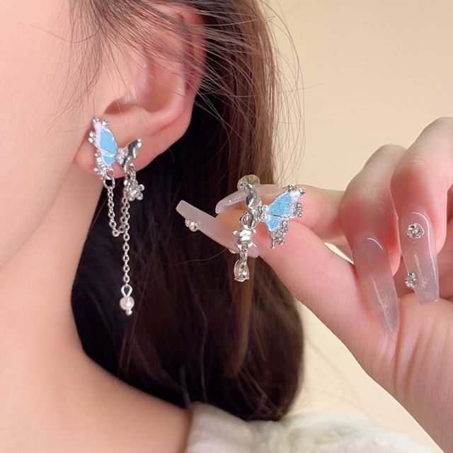 Earring Butterfly Rhinestone / Clip-On Dangle