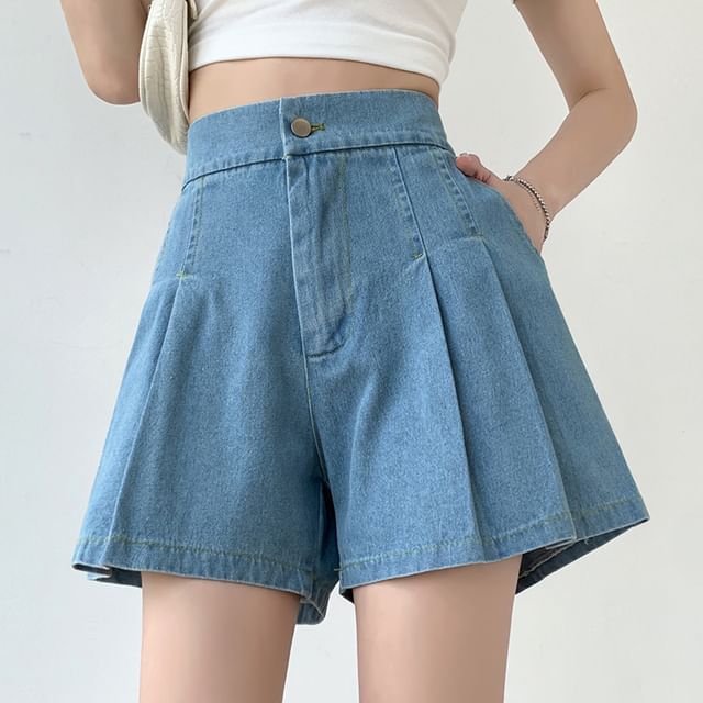 High Waist Pleated Washed Denim Shorts