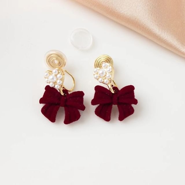 Bow Faux Earring Drop Pearl Alloy Heart