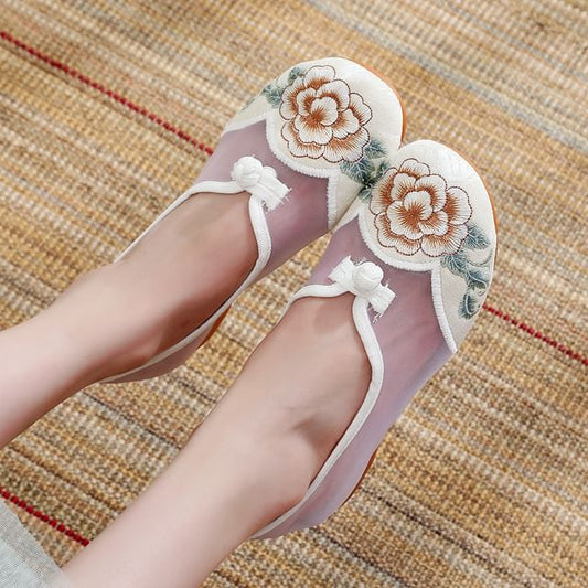 Mesh Embroidered Heel Slip-Ons Wedge