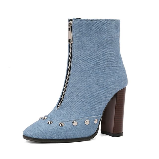 Chunky Toe Boots Pointed Studded Denim Short Heel