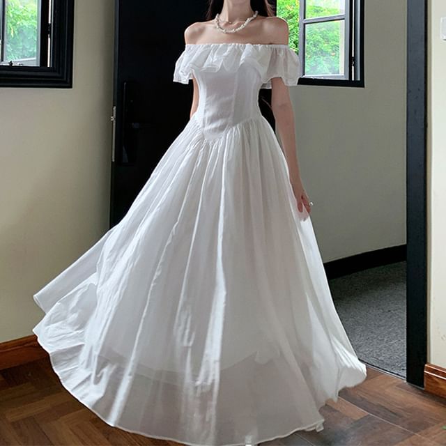 Dress A-Line Maxi Off-Shoulder Ruched Plain Short-Sleeve Ruffle Trim