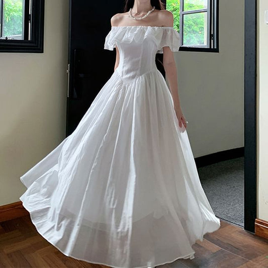 Dress A-Line Maxi Off-Shoulder Ruched Plain Short-Sleeve Ruffle Trim