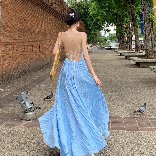 Thin Strap Square Neck Solid Crinkle Open Back Maxi A-Line Dress