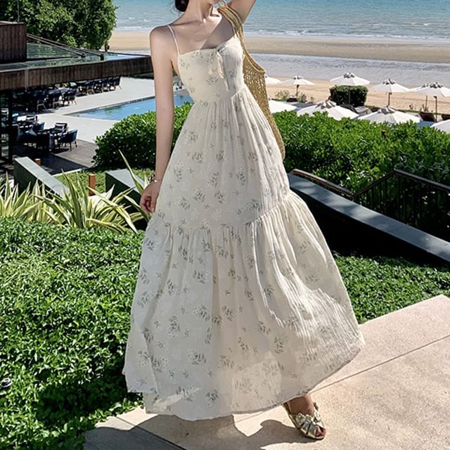 Back Dress Spaghetti Open Strap Floral Accent Bow Maxi Neck Print Square A-Line