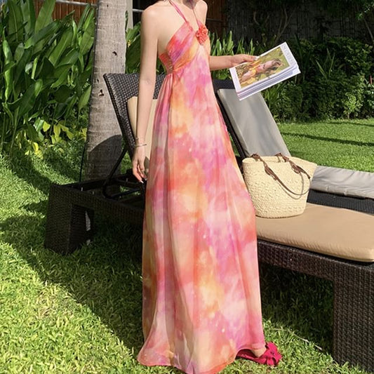 Open Accent Dress Tie Back Maxi A-Line Neck Dye Floral Halter Ruched