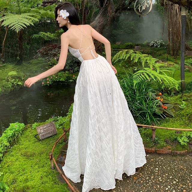 Back Strap Square Spaghetti Crinkle Dress A-Line Plain Neck Open Maxi