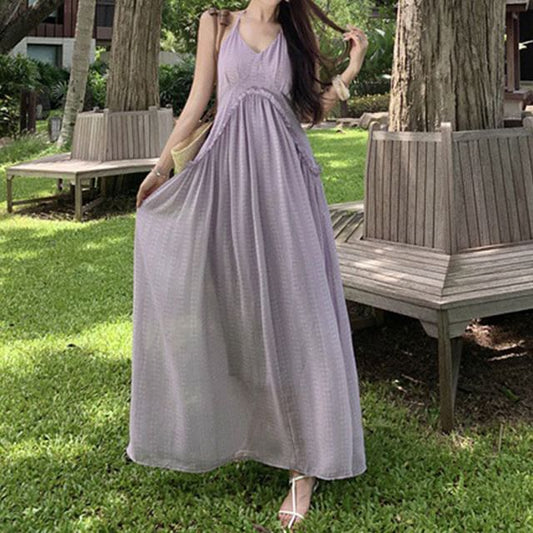 Halter Trim Maxi V-Neck Frill Open Dress Plain A-Line Back