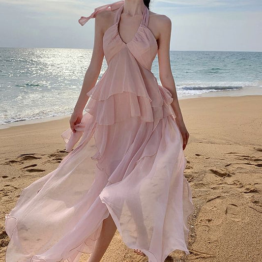 Open Back Plain Top Halter Set: Asymmetrical Layered Ruffle A-Line Skirt Rise + High V-Neck