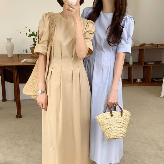 V-Neck Short-Sleeve Solid Wrap Sheath Maxi Dress