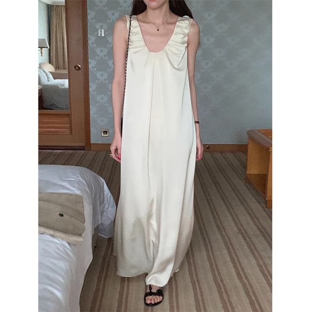 Spaghetti Strap Plaid Ruched Panel A-Line Maxi Dress