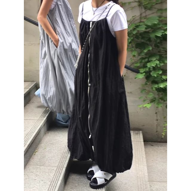 Zip Front Maxi Dungaree Dress with Pockets