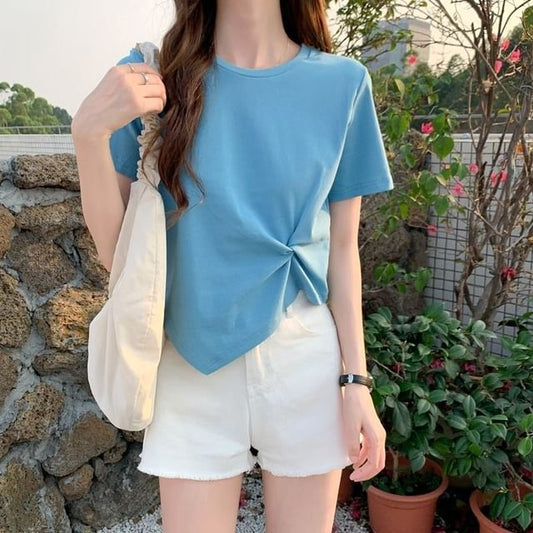 Plain Asymmetrical Crew T-Shirt Neck Ruched Short-Sleeve