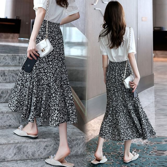 Floral Skirt A-Line Waist Midi Elastic Print