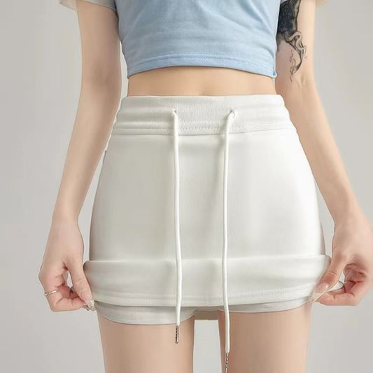 Waist Pencil Mini Plain Skirt Drawstring