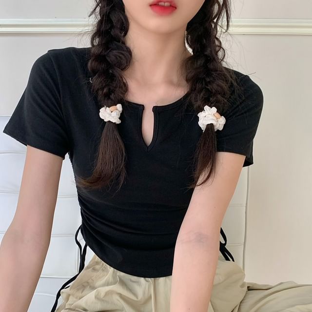 Drawstring Short-Sleeve Notch Plain Neck Waist Tee