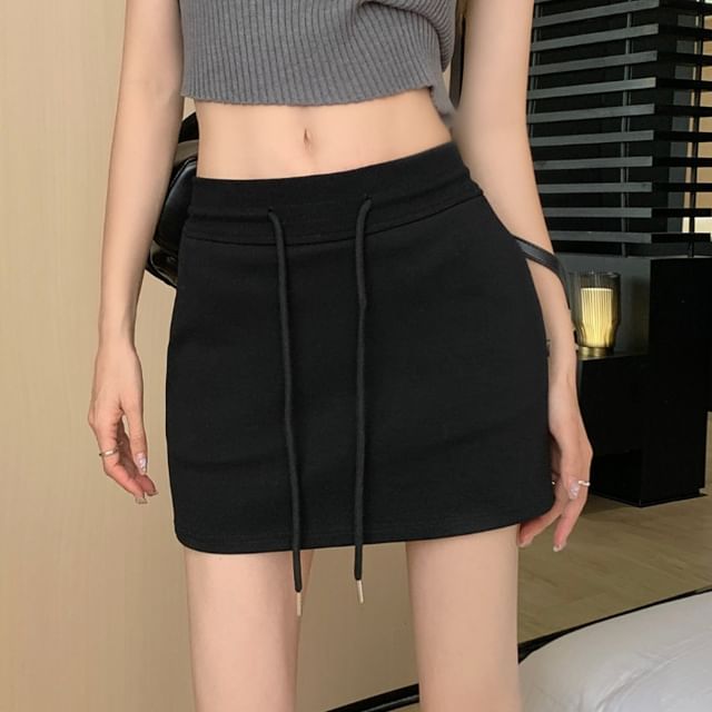 Waist Pencil Mini Plain Skirt Drawstring