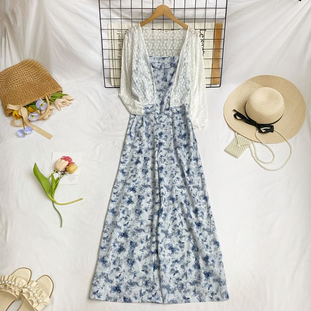 Set: Spaghetti Strap Floral Wide Leg Jumpsuit + Lace Light Jacket