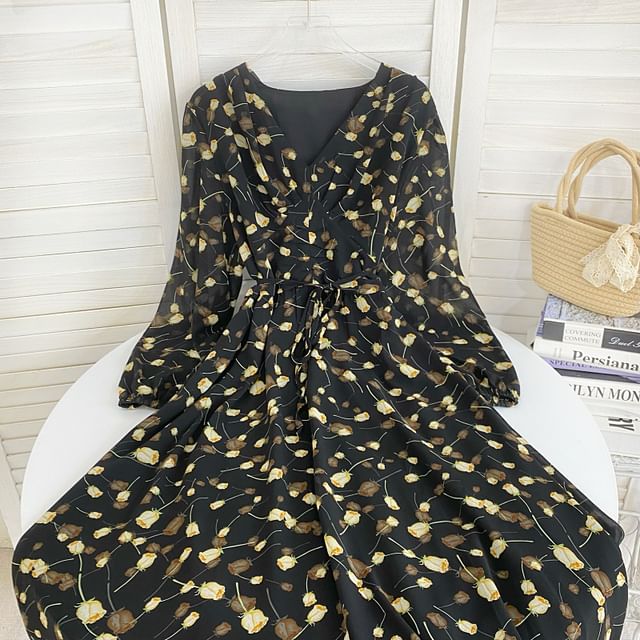 Long-Sleeve V-Neck Floral Midi A-Line Dress