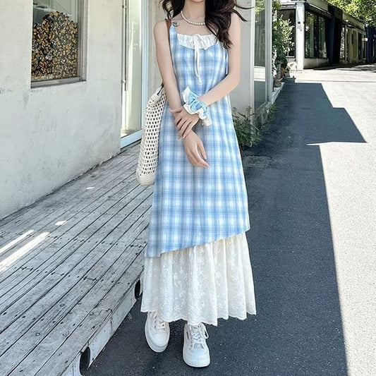 Thin Strap Plaid Mock Two-Piece Maxi Sundress