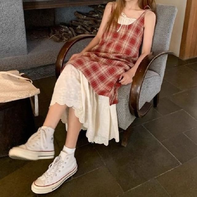 Thin Strap Plaid Mock Two-Piece Maxi Sundress