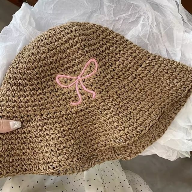 Hat Knit Embroidered Bow Bucket