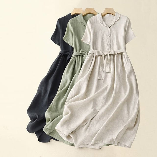 Elbow-Sleeve Collar Tie Front Half-Button A-Line Midi Dress