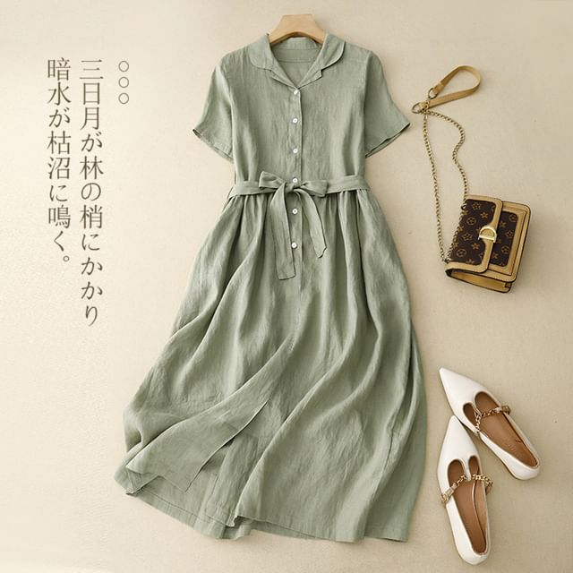 Elbow-Sleeve Collar Tie Front Half-Button A-Line Midi Dress