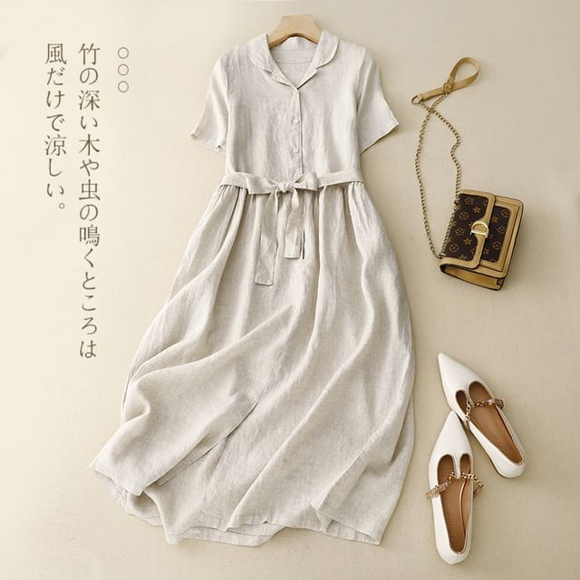 Elbow-Sleeve Collar Tie Front Half-Button A-Line Midi Dress