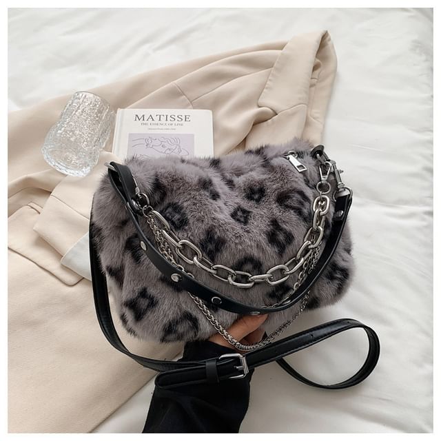 Print Chain Strap Crossbody Leopard Fluffy Bag