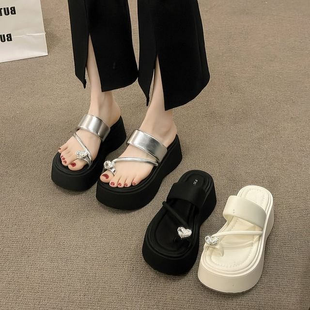 Sandals Heart Rhinestone Platform Toe Slide Loop