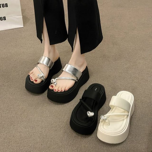 Sandals Heart Rhinestone Platform Toe Slide Loop