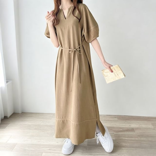 Short-Sleeve Crewneck Plain Maxi A-Line Dress