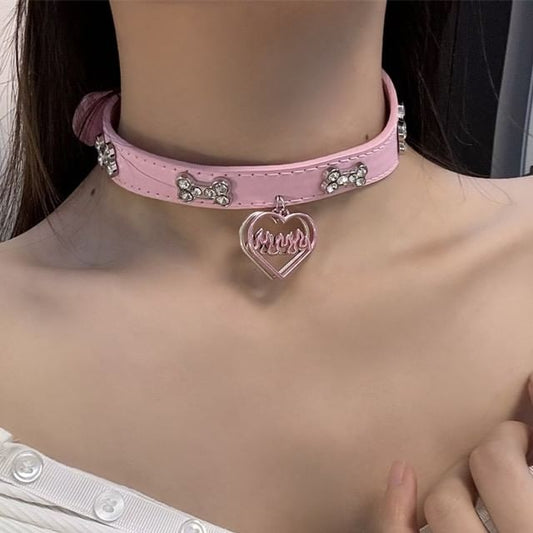 Choker Faux Leather Rhinestone Heart