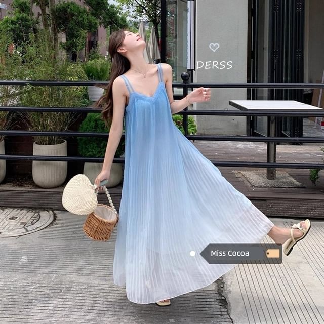 Thin Strap Gradient Midi A-Line Dress