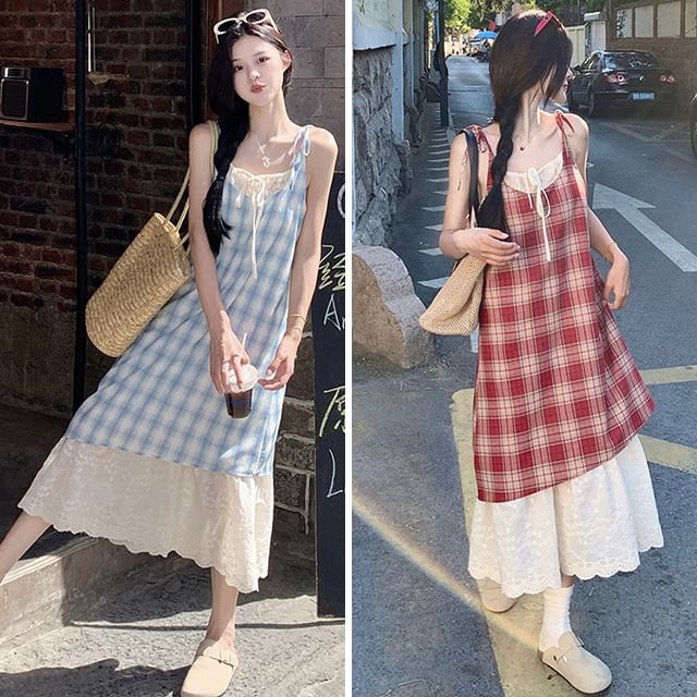 Two-Tone Plaid Panel Midi A-Line Dress with Thin Straps